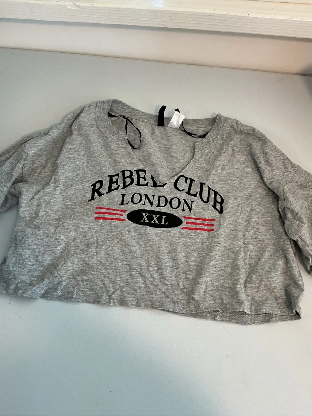 H&M Grey Cropped Sweatshirt with Black Logo and Red Stripes